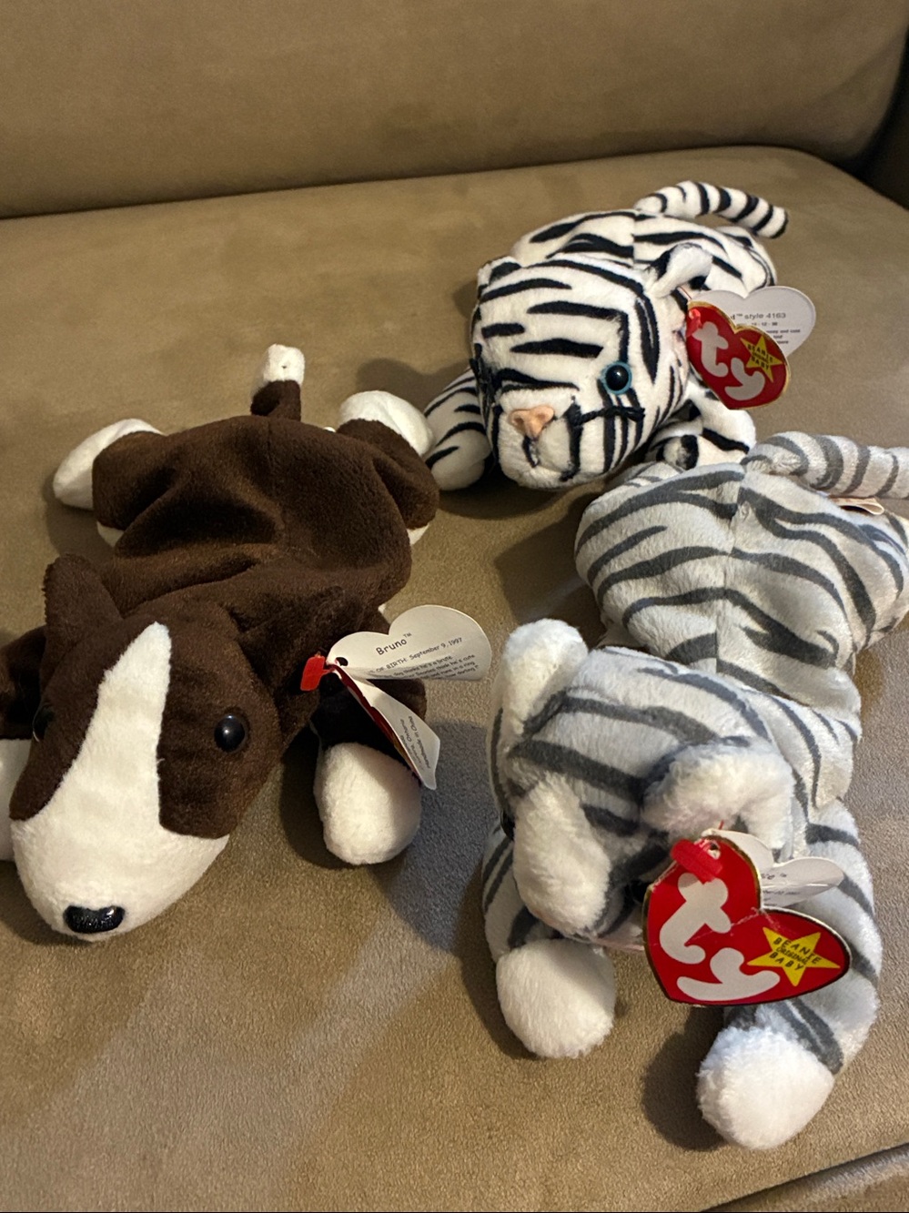 Ty Beanie Babies Plush Set of 3 Zebra Blizzard, Tiger Prance, Dog Bruno
